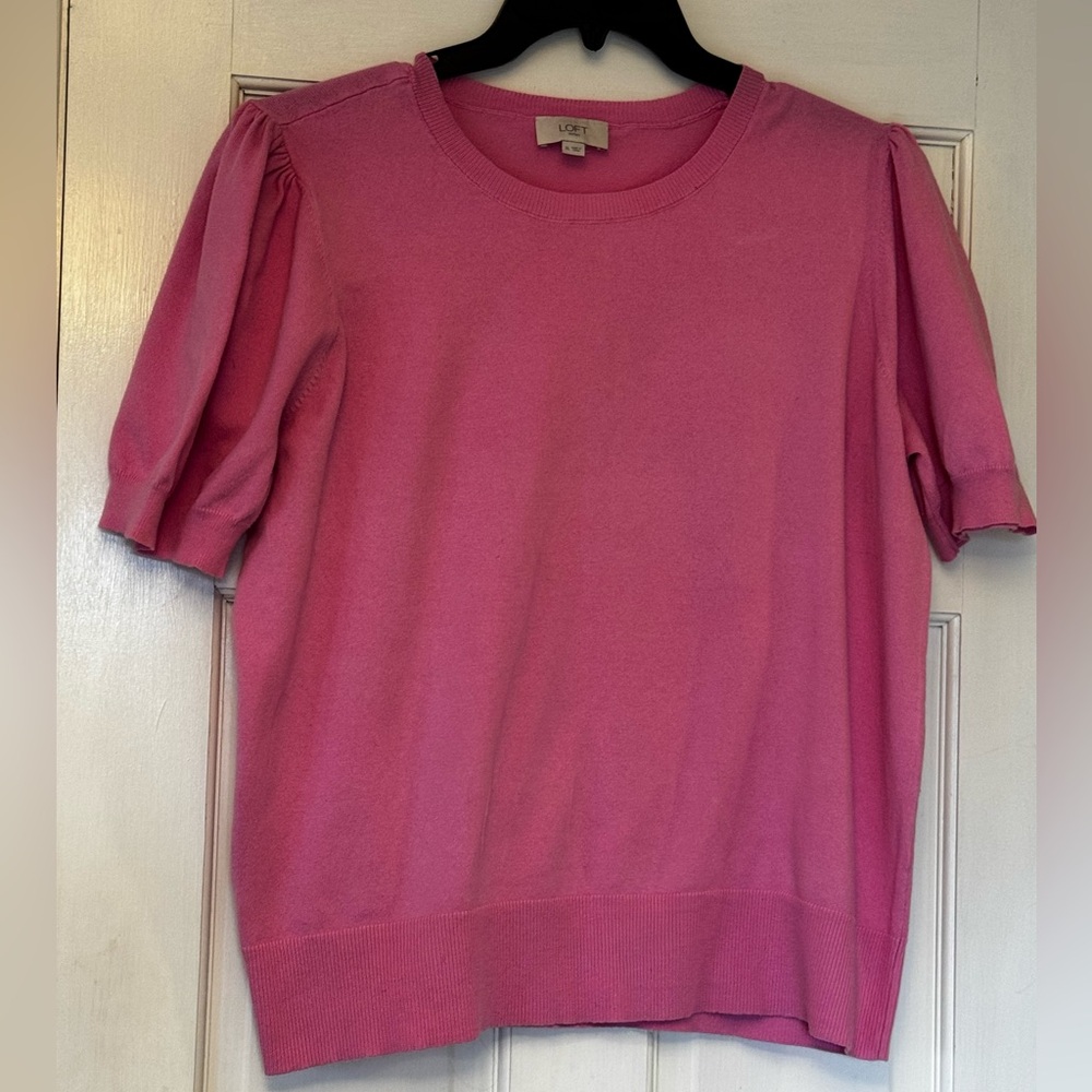 LOFT Hot Pink Puff-Sleeve Crewneck Sweater
